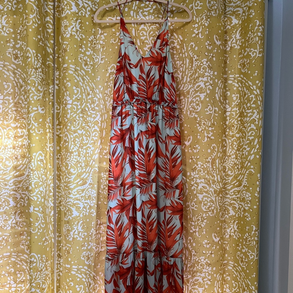 H&M maxi dress. Blue and orange tropical florals. Cross back thin straps.